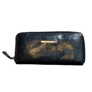 Kenneth Cole Black Leather Zip Wallet Large Card Holder Women's Organizer Purse